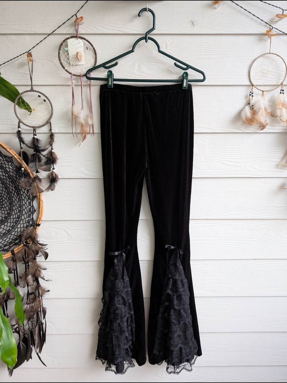 Dollskill Widow Midnight Divination Velvet Flare Pants Lace Ruffle Bell-bottoms